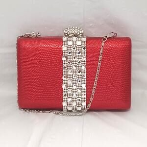 Bella Collection Red Evening Clutch Bag Rhinestone Hard Shell Purse Crossbody